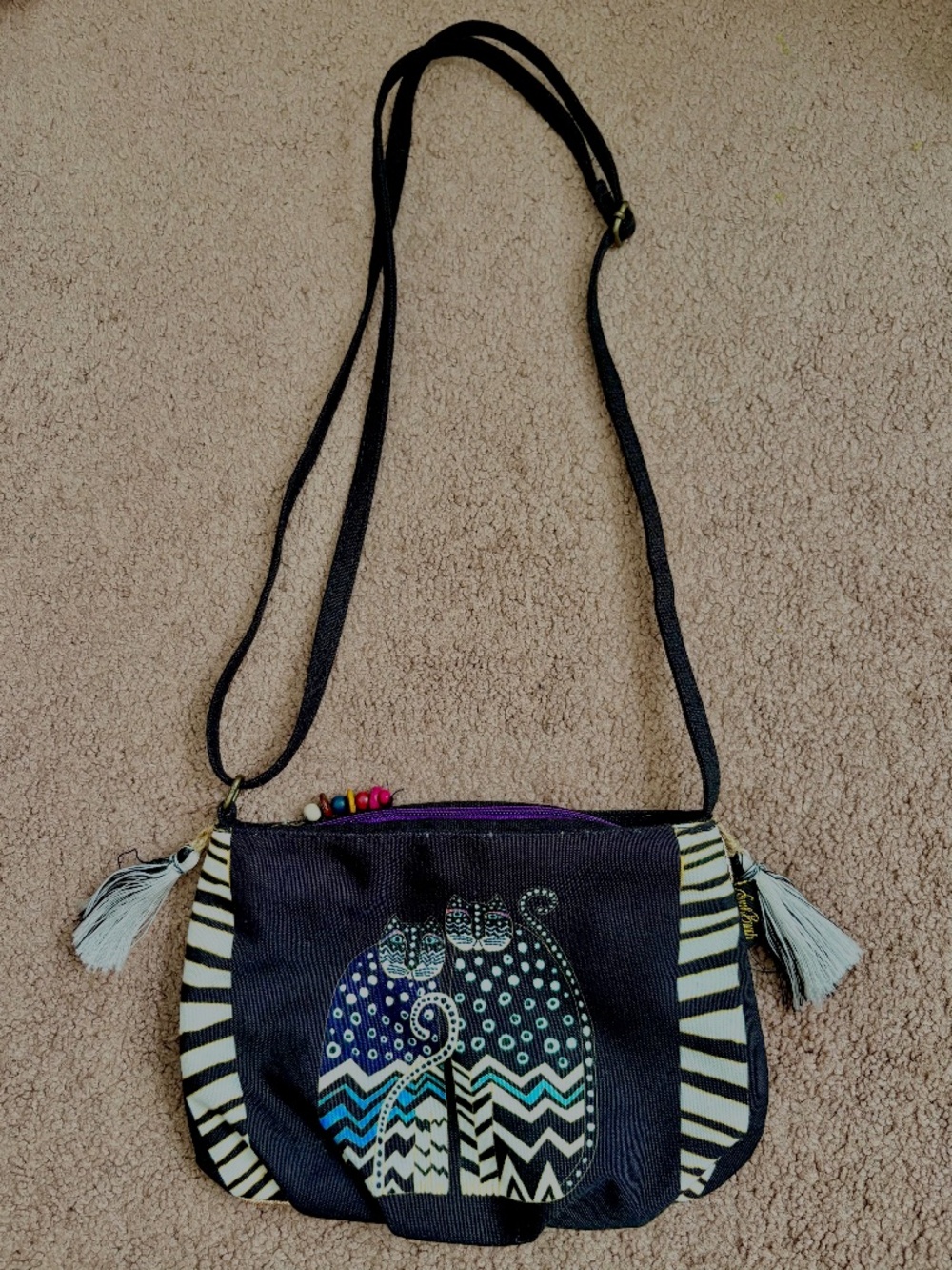 Retro Laurel Burch Polka Dot Gatos Cat Crossbody Tote Bag Canvas Purse Folk Art